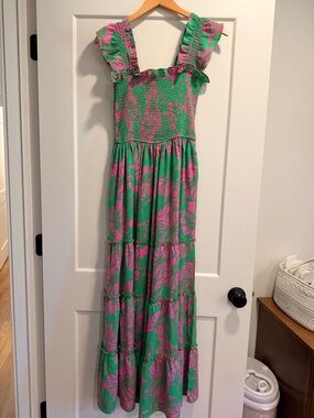 MELLODAY Green & Pink Floral Smocked Maxi Dress